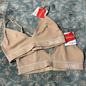 Hanes Women’s Ribbed Wireless Bralettes - Nude Beige (Set of 2) large nwt